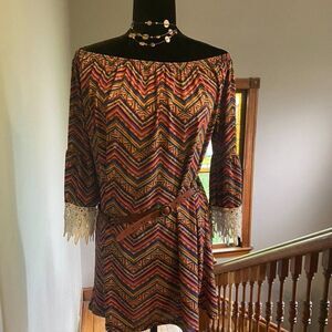 Fall Boho Dress w/ Beautiful Lace Sleeves Cottagecore Aztec Southwestern Medium